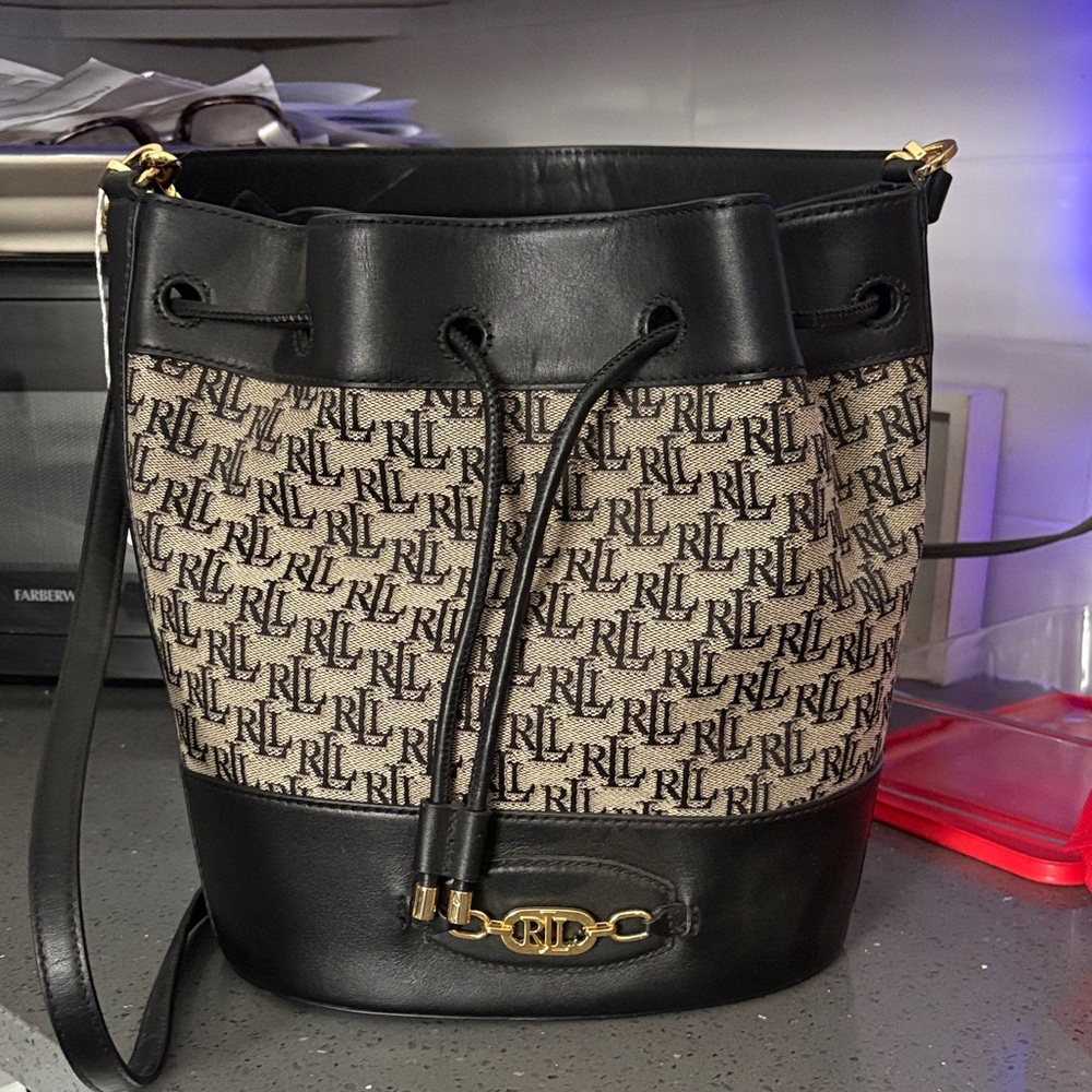 Ralph Lauren Black and Cream Monogram Bucket Bag